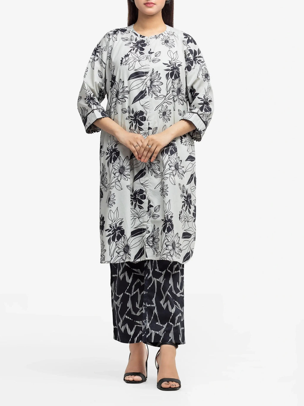 Edenrobe Pret 2Pc Printed Cambric Shirt Trouser in Black & Grey