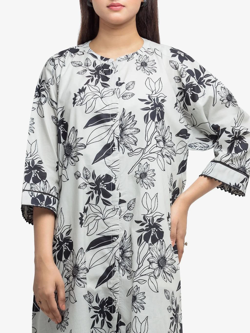 Edenrobe Pret 2Pc Printed Cambric Shirt Trouser in Black & Grey