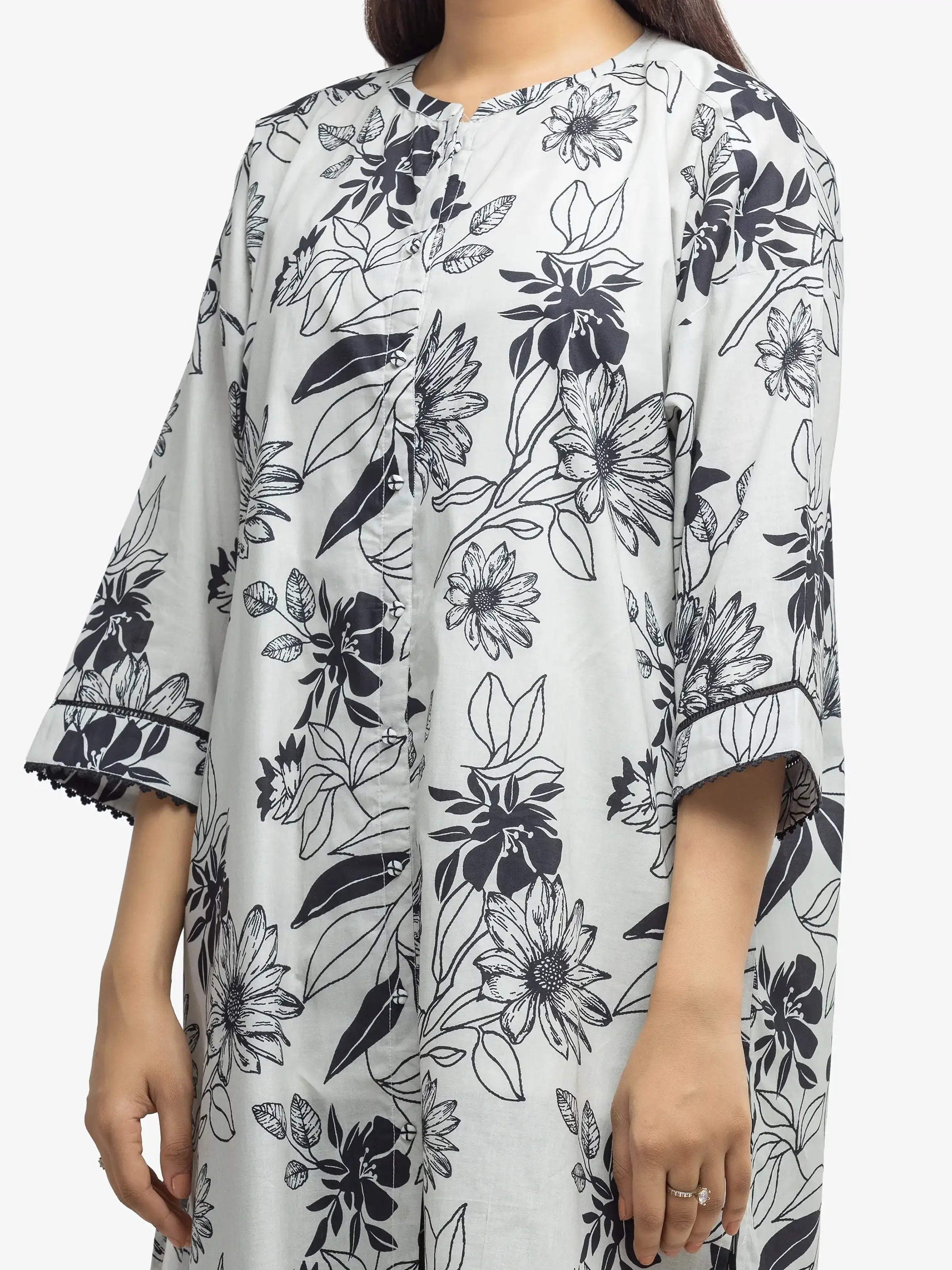 Edenrobe Pret 2Pc Printed Cambric Shirt Trouser in Black & Grey