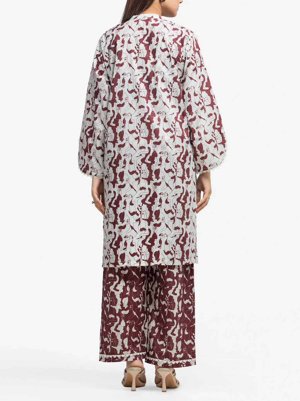 Edenrobe Pret 2Pc Printed Cambric Shirt Trouser Set in Maroon and White Patterned