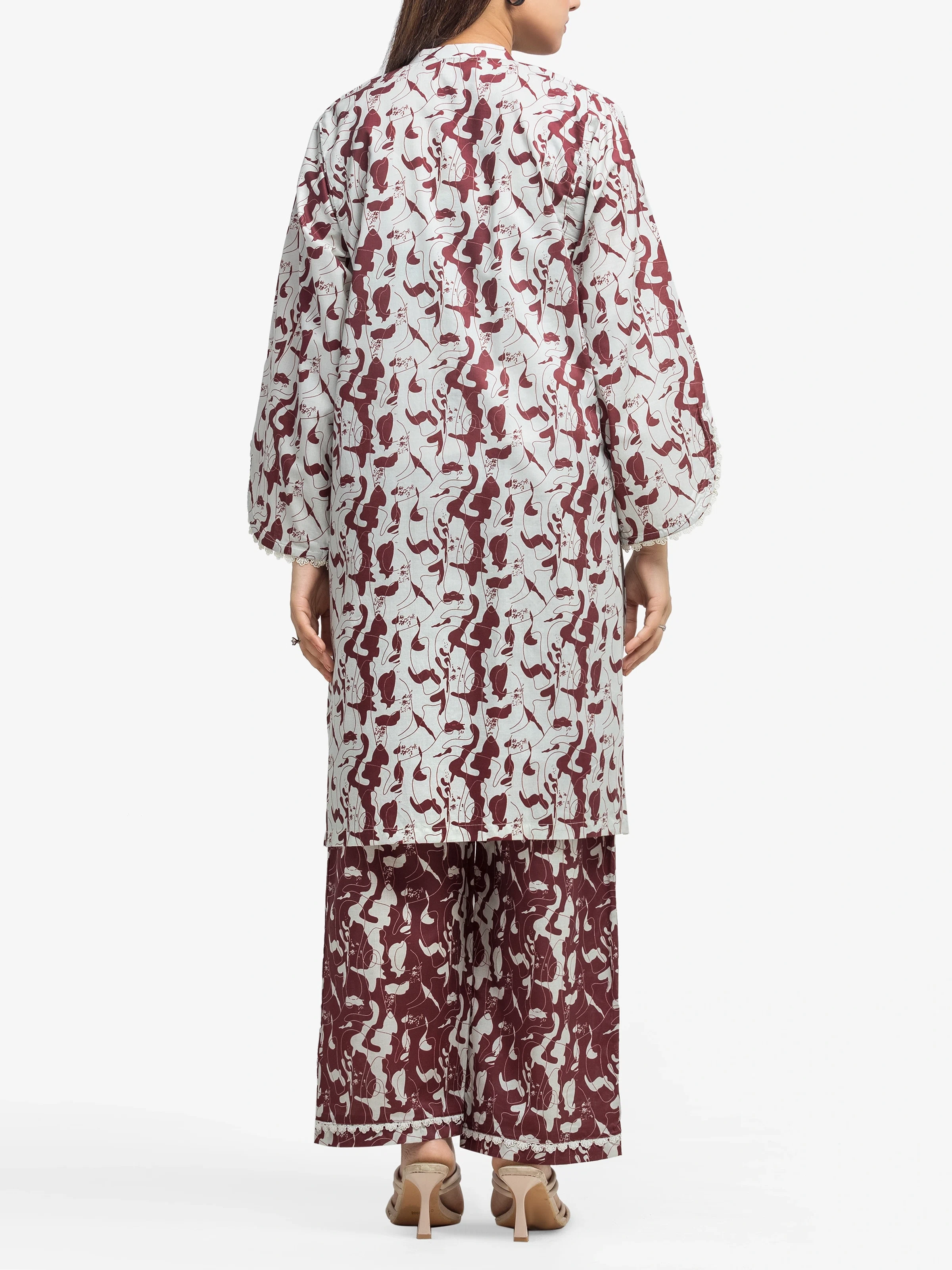 Edenrobe Pret 2Pc Printed Cambric Shirt Trouser Set in Maroon and White Patterned
