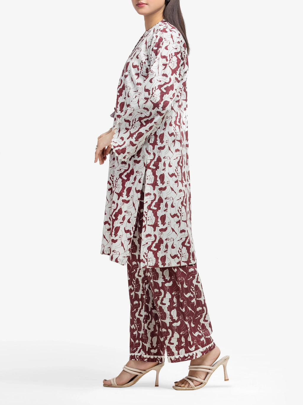 Edenrobe Pret 2Pc Printed Cambric Shirt Trouser Set in Maroon and White Patterned