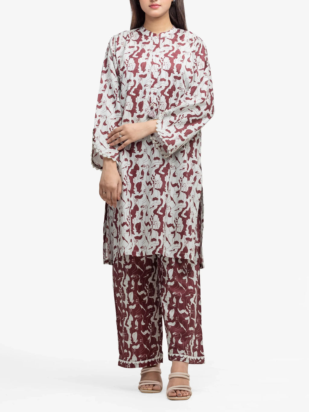 Edenrobe Pret 2Pc Printed Cambric Shirt Trouser Set in Maroon and White Patterned