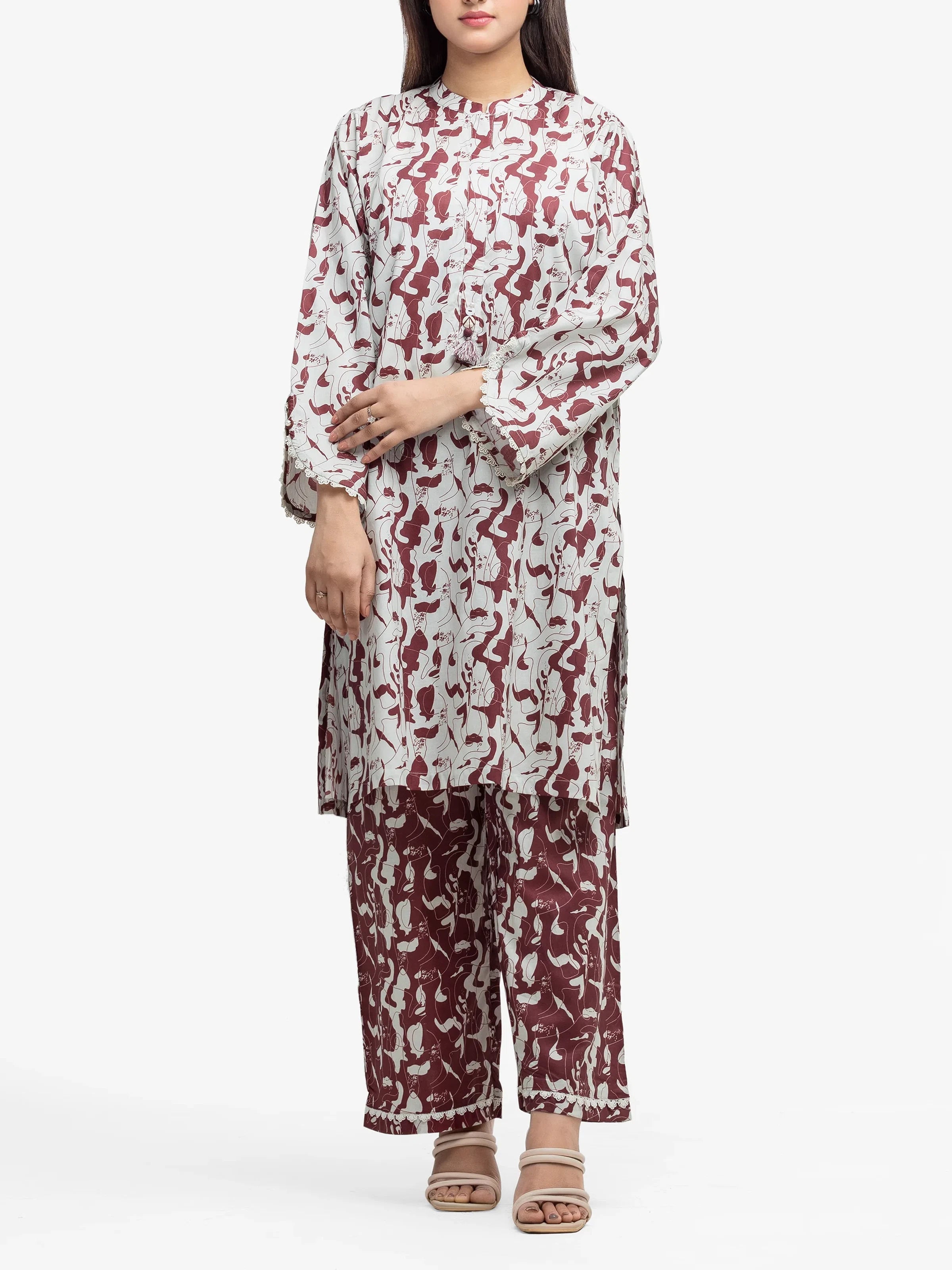 Edenrobe Pret 2Pc Printed Cambric Shirt Trouser Set in Maroon and White Patterned