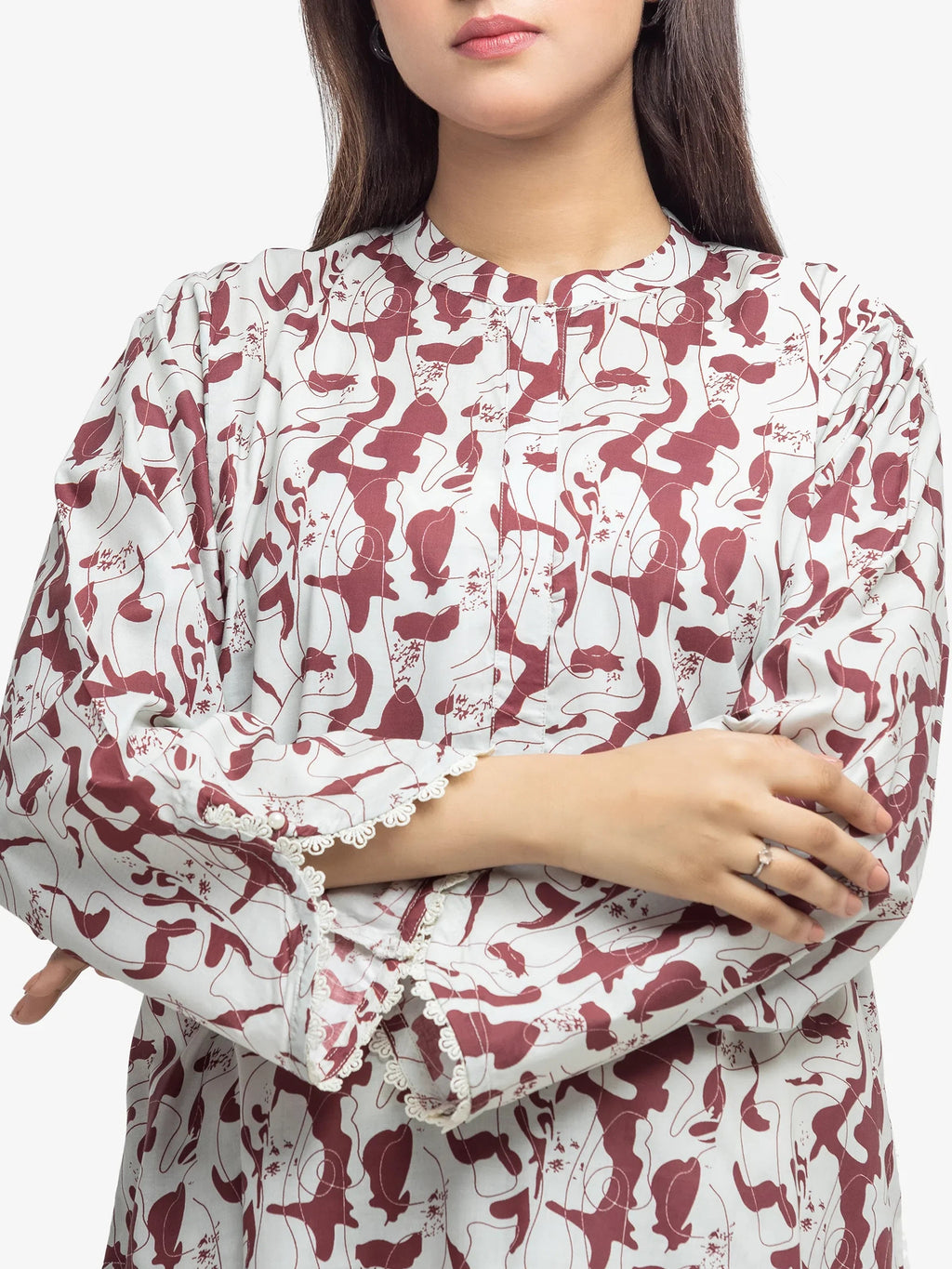 Edenrobe Pret 2Pc Printed Cambric Shirt Trouser Set in Maroon and White Patterned