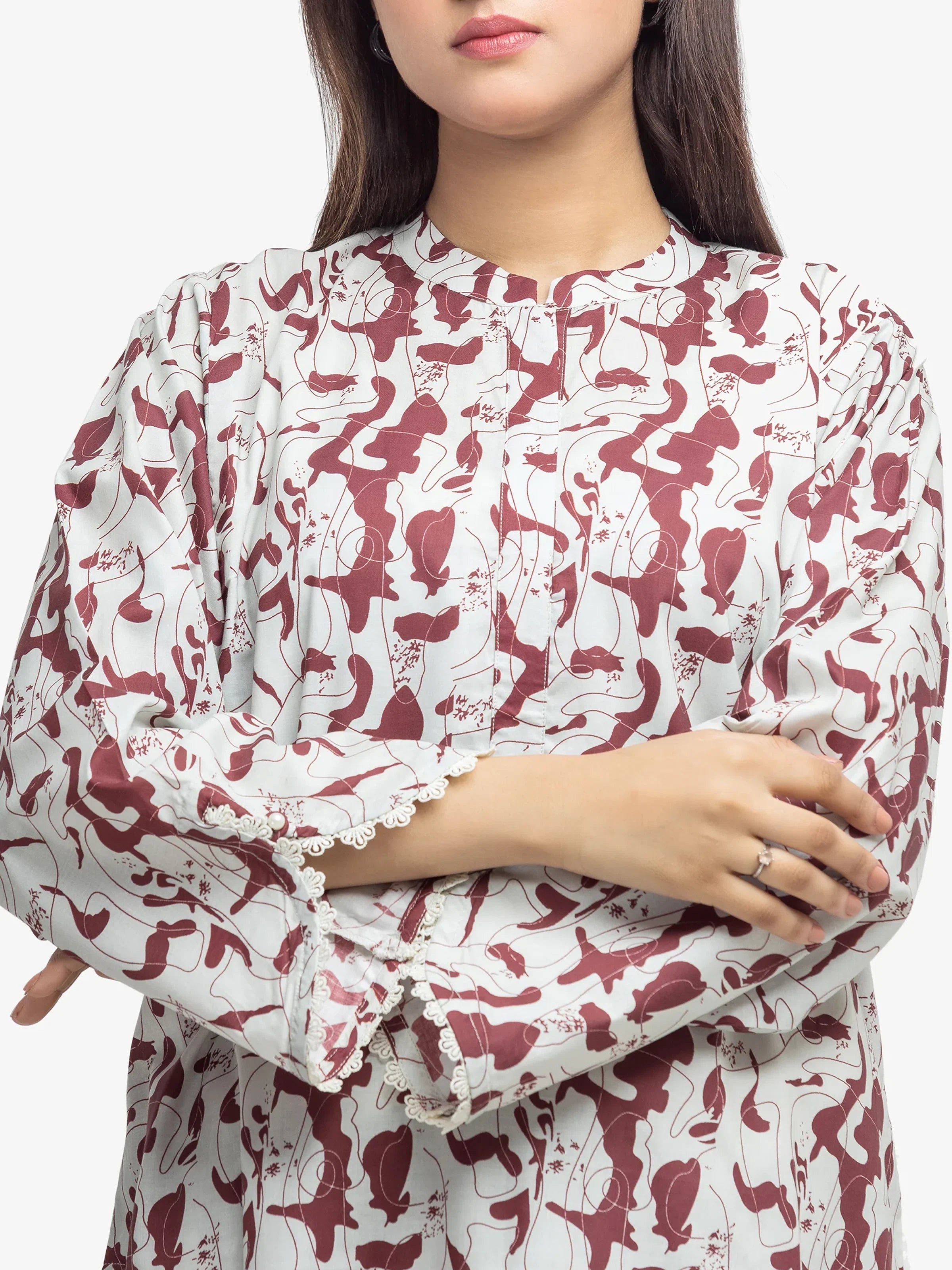 Edenrobe Pret 2Pc Printed Cambric Shirt Trouser Set in Maroon and White Patterned