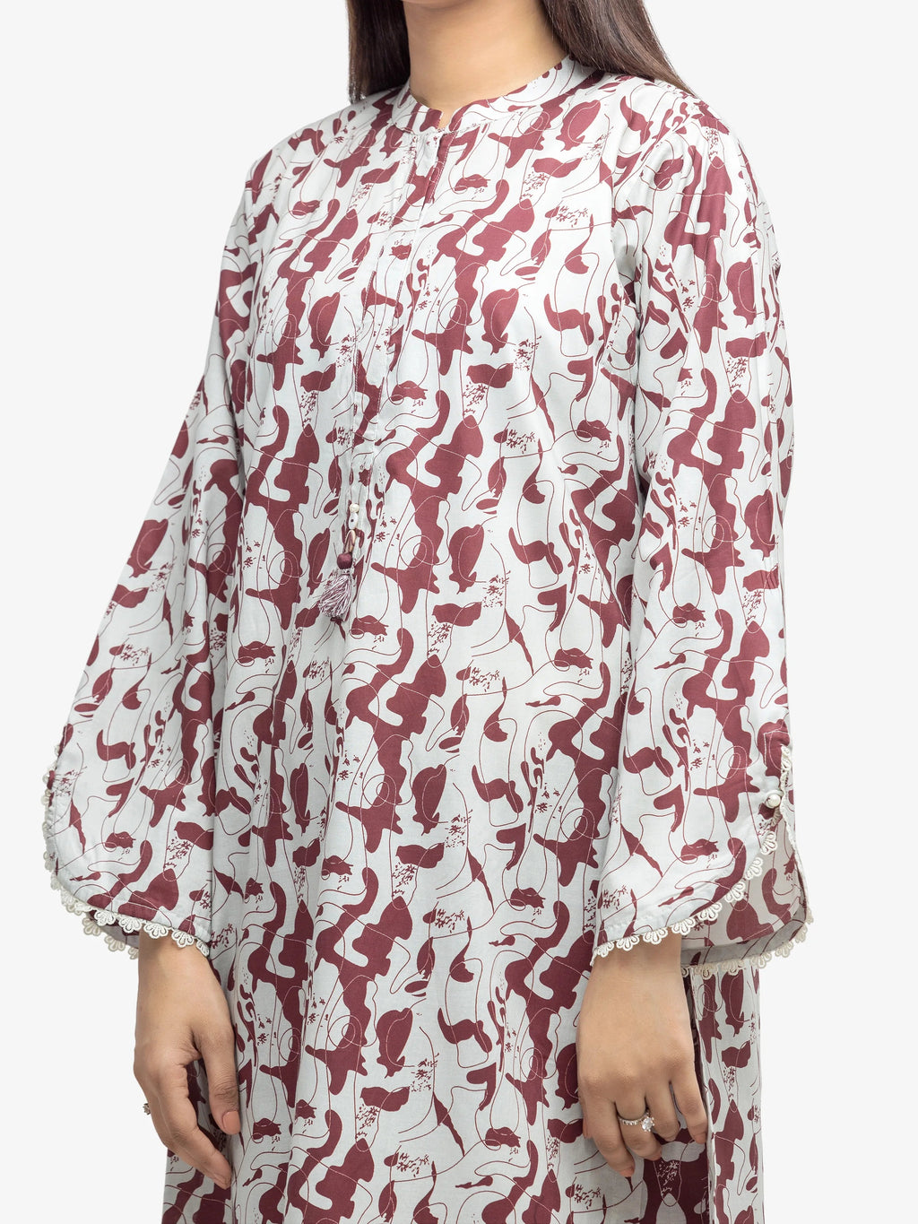 Edenrobe Pret 2Pc Printed Cambric Shirt Trouser Set in Maroon and White Patterned