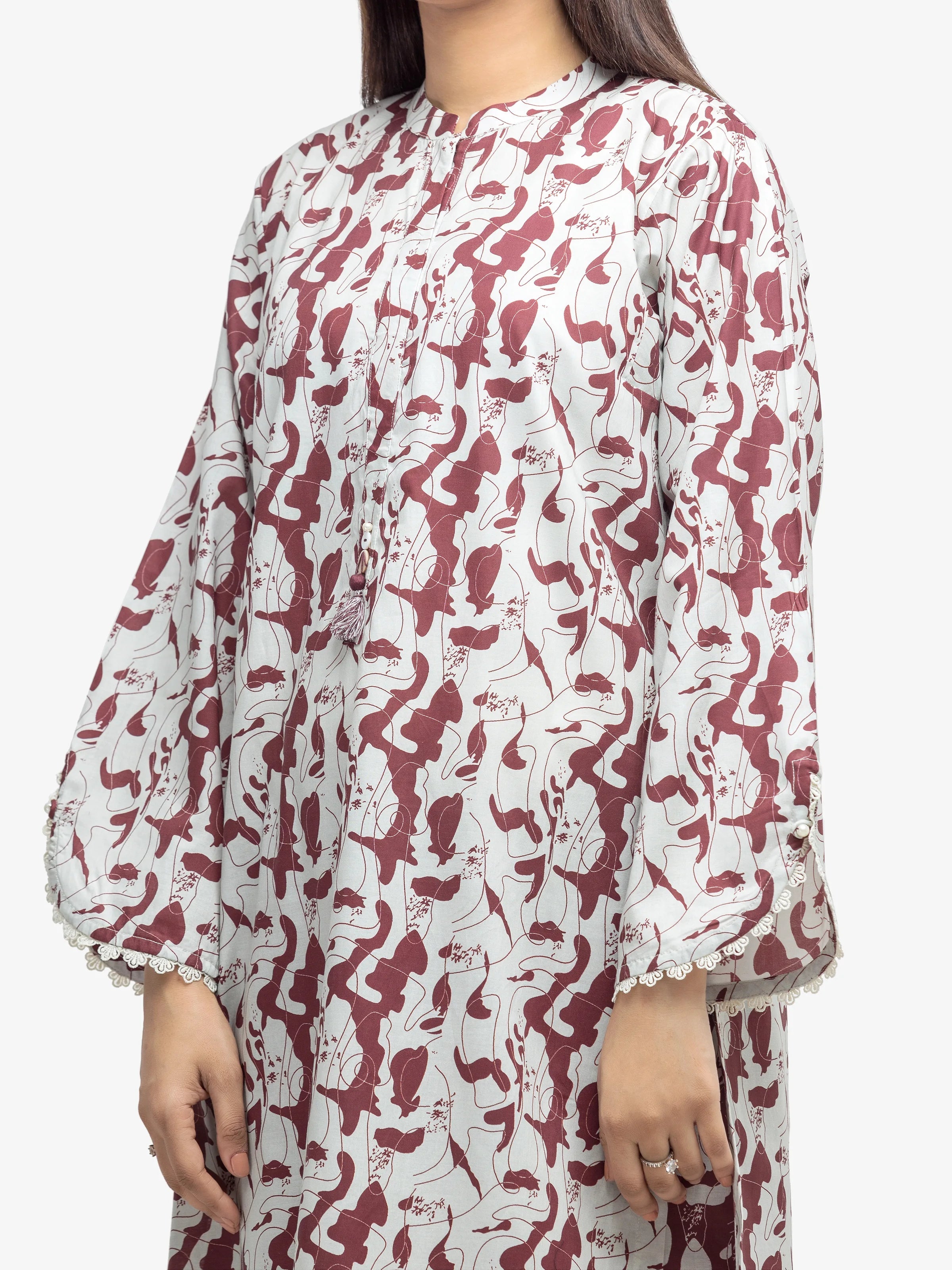 Edenrobe Pret 2Pc Printed Cambric Shirt Trouser Set in Maroon and White Patterned