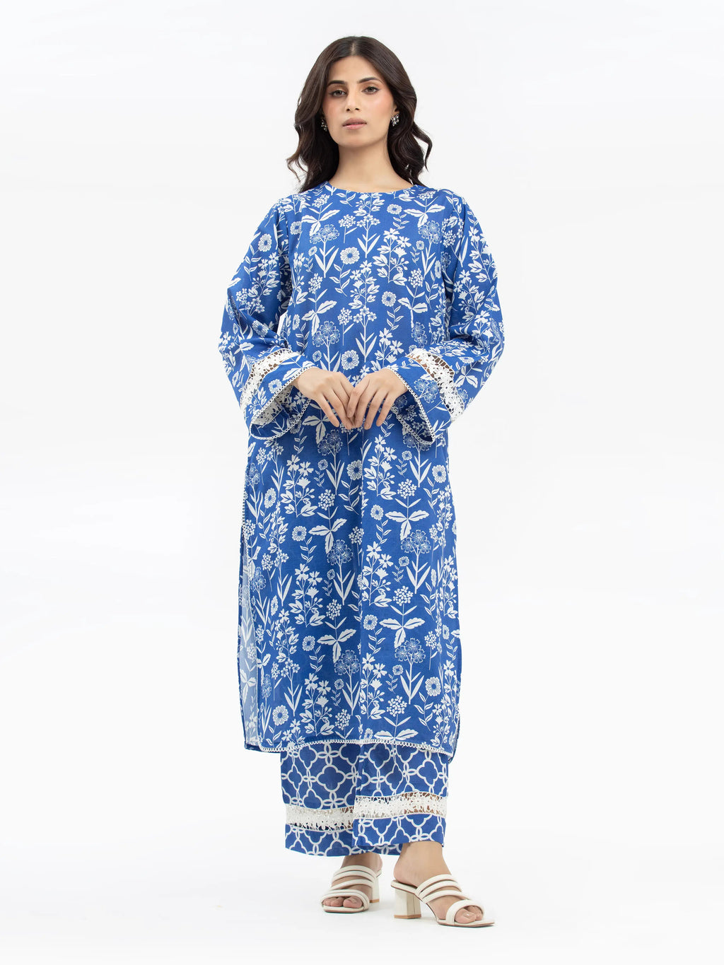 Edenrobe Pret 2Pc Printed Khaddar Co-Ord Set in Blue with Floral Design