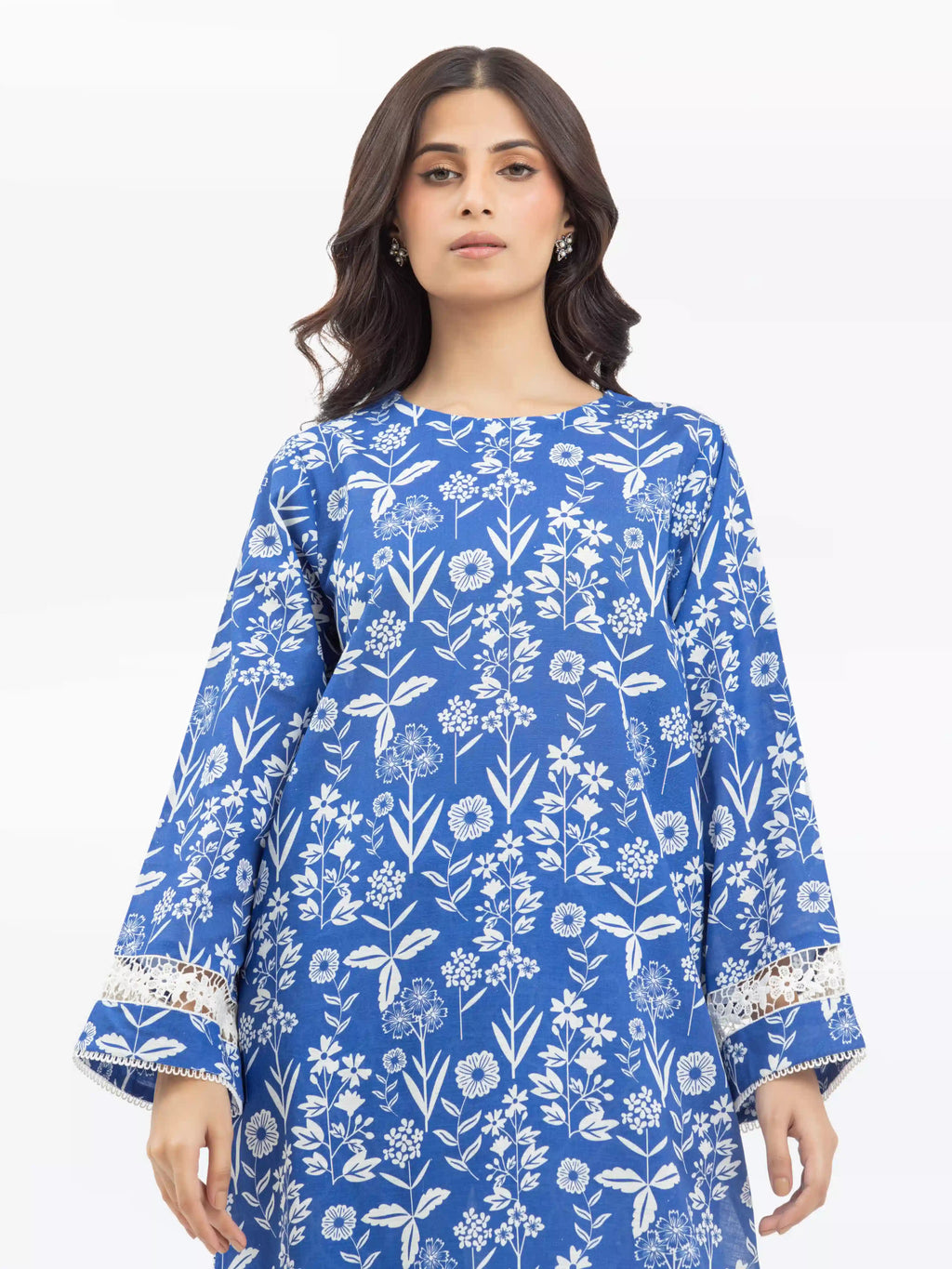 Edenrobe Pret 2Pc Printed Khaddar Co-Ord Set in Blue with Floral Design