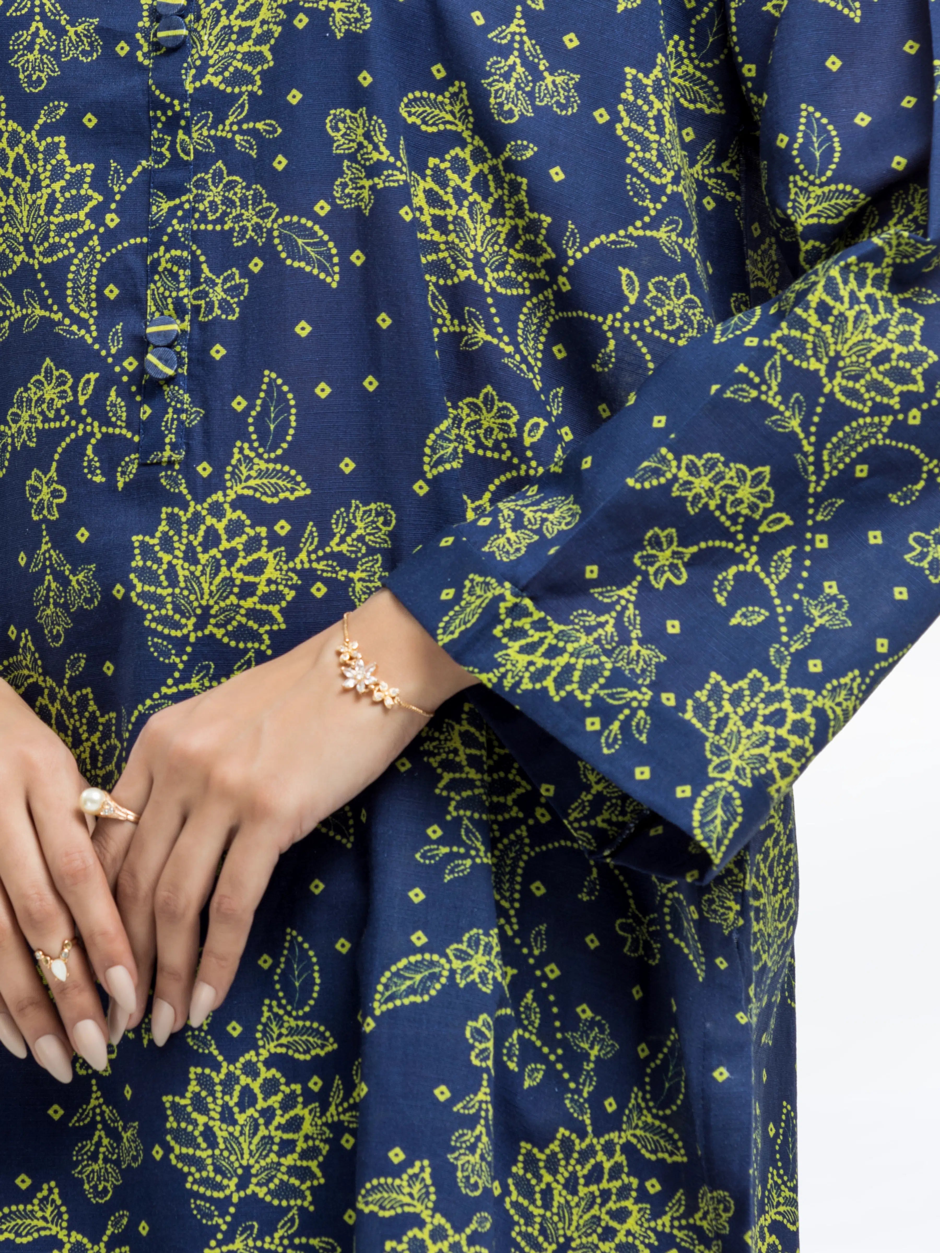 Edenrobe Pret 2Pc Printed Khaddar Co-Ord Set in Navy Blue with Green Floral Design