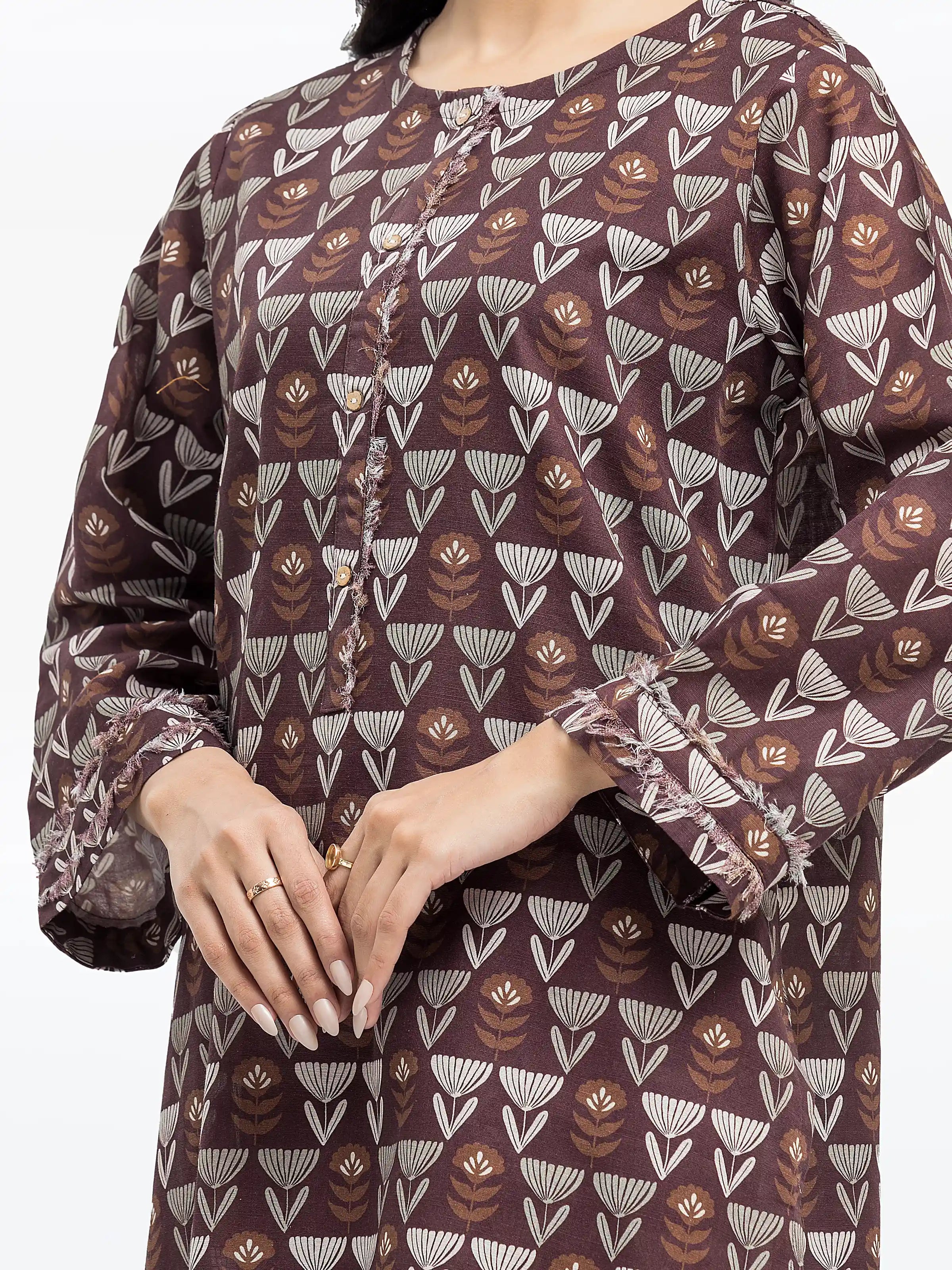 Edenrobe Pret 2Pc Printed Khaddar Co-Ord Set in Brown with Flower Pattern