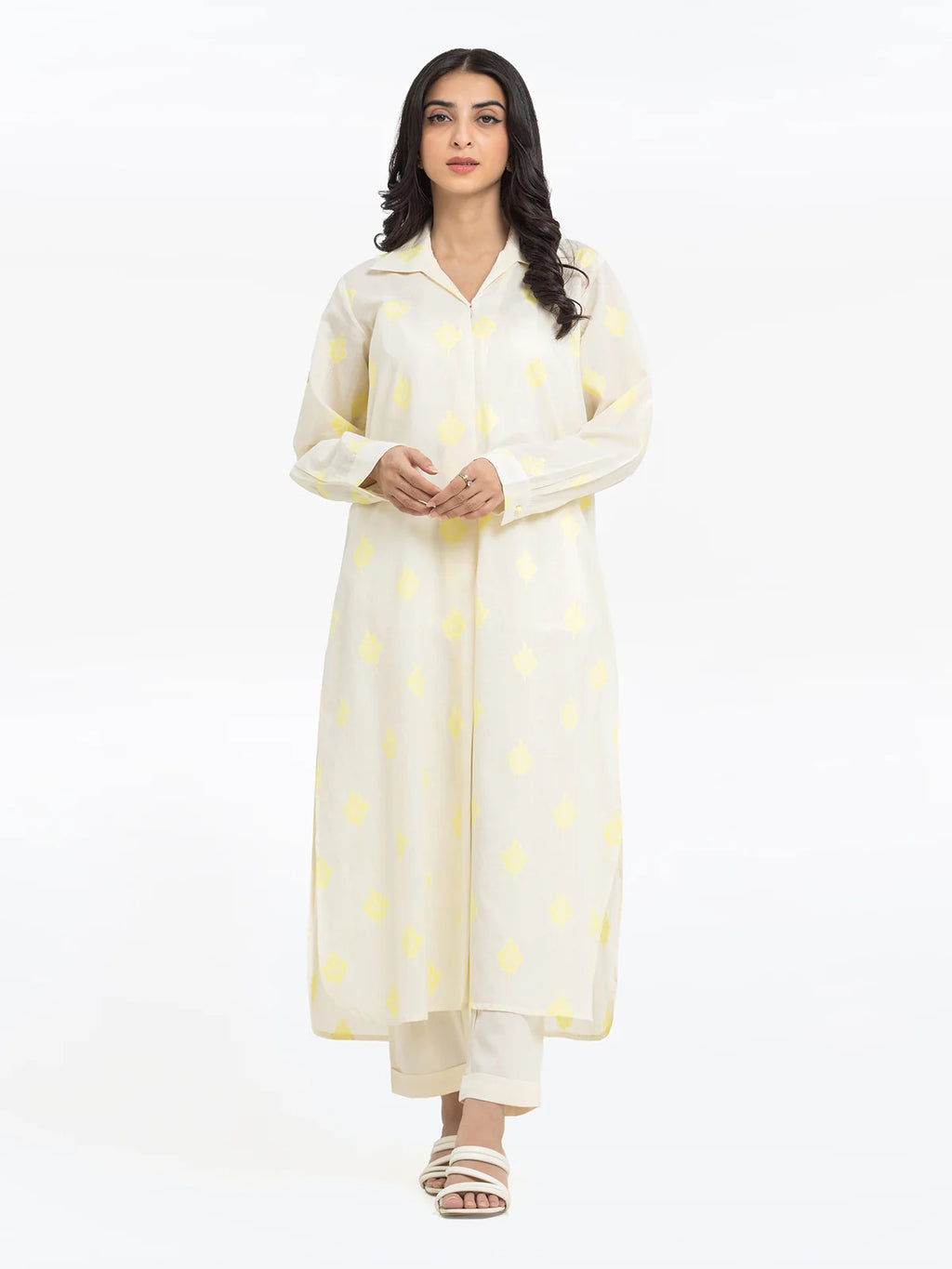 Edenrobe Pret 2Pc Printed Jacquard Shirt Trouser in Cream with Yellow Pattern