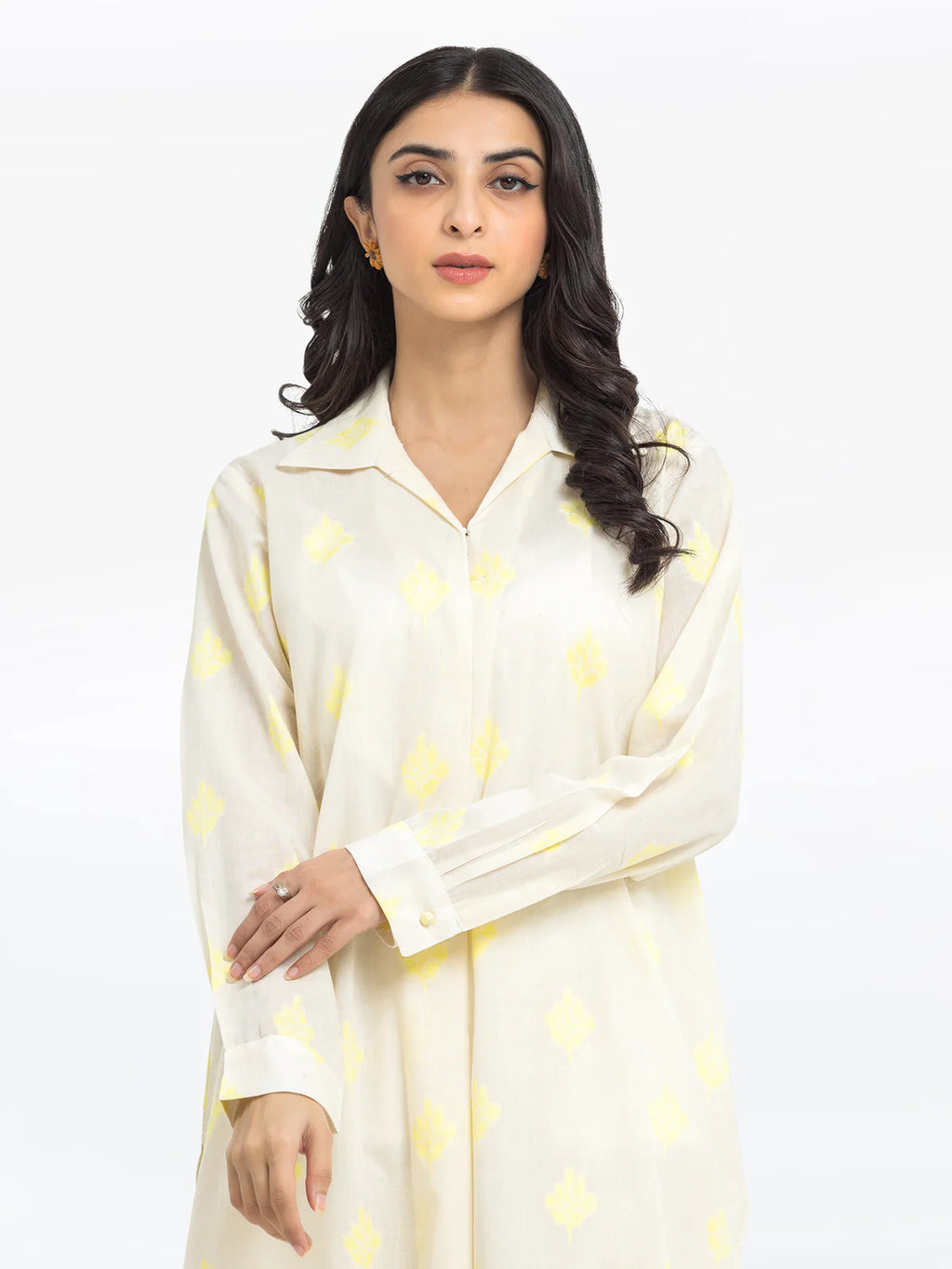 Edenrobe Pret 2Pc Printed Jacquard Shirt Trouser in Cream with Yellow Pattern