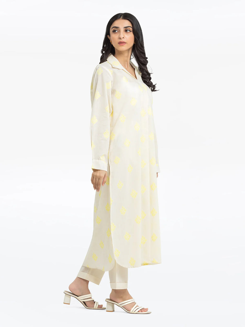 Edenrobe Pret 2Pc Printed Jacquard Shirt Trouser in Cream with Yellow Pattern