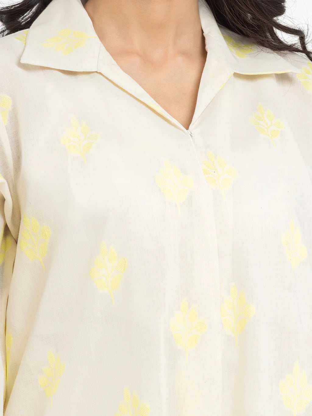 Edenrobe Pret 2Pc Printed Jacquard Shirt Trouser in Cream with Yellow Pattern