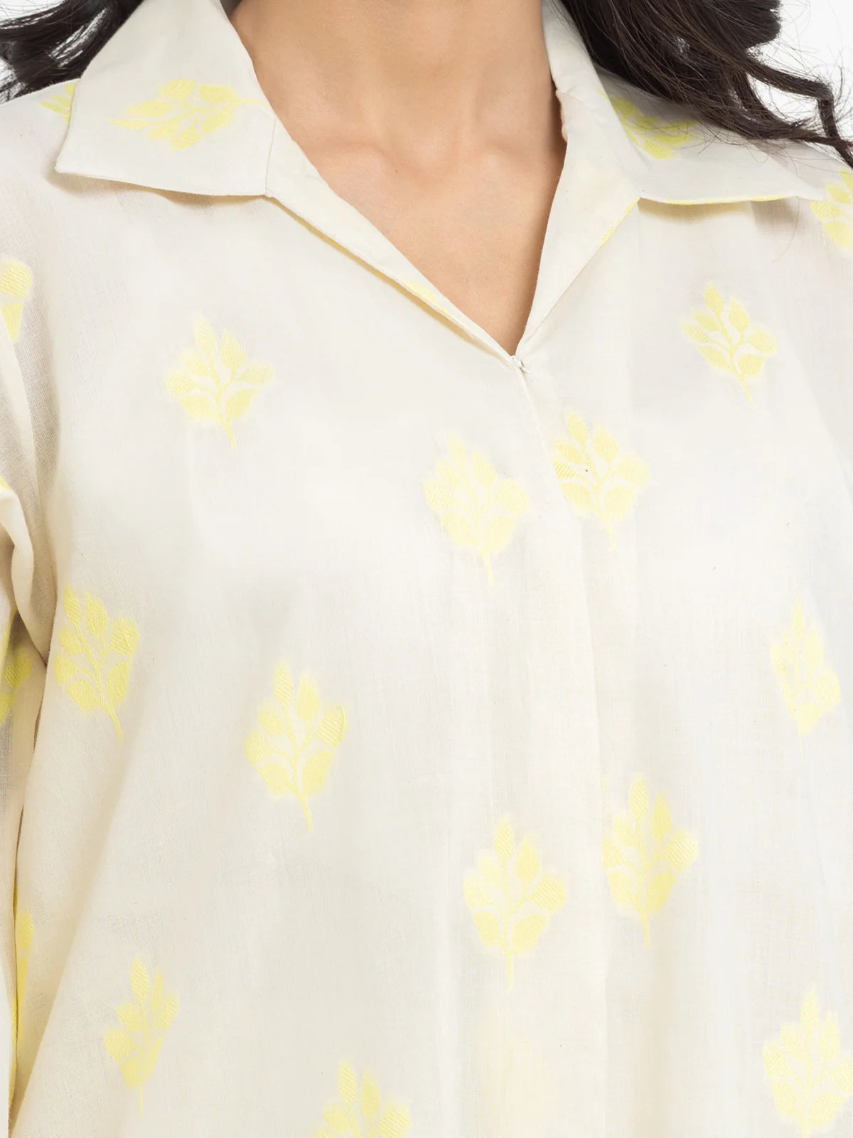 Edenrobe Pret 2Pc Printed Jacquard Shirt Trouser in Cream with Yellow Pattern