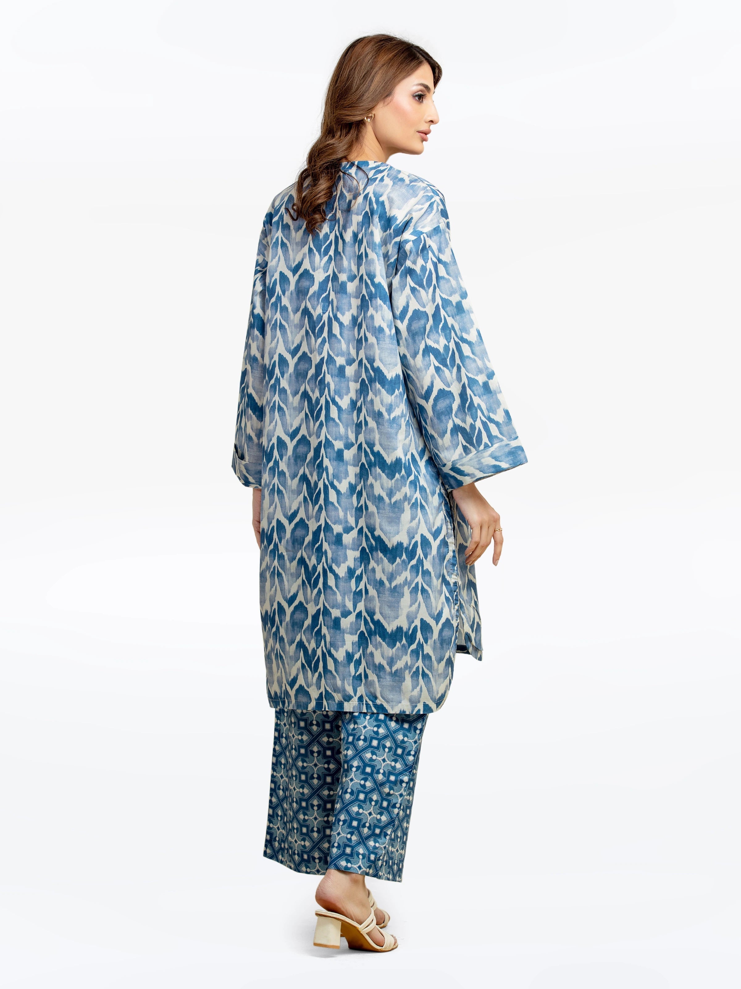 Edenrobe Pret 2Pc Printed Cambric Shirt Trouser in Blue Patterned Design