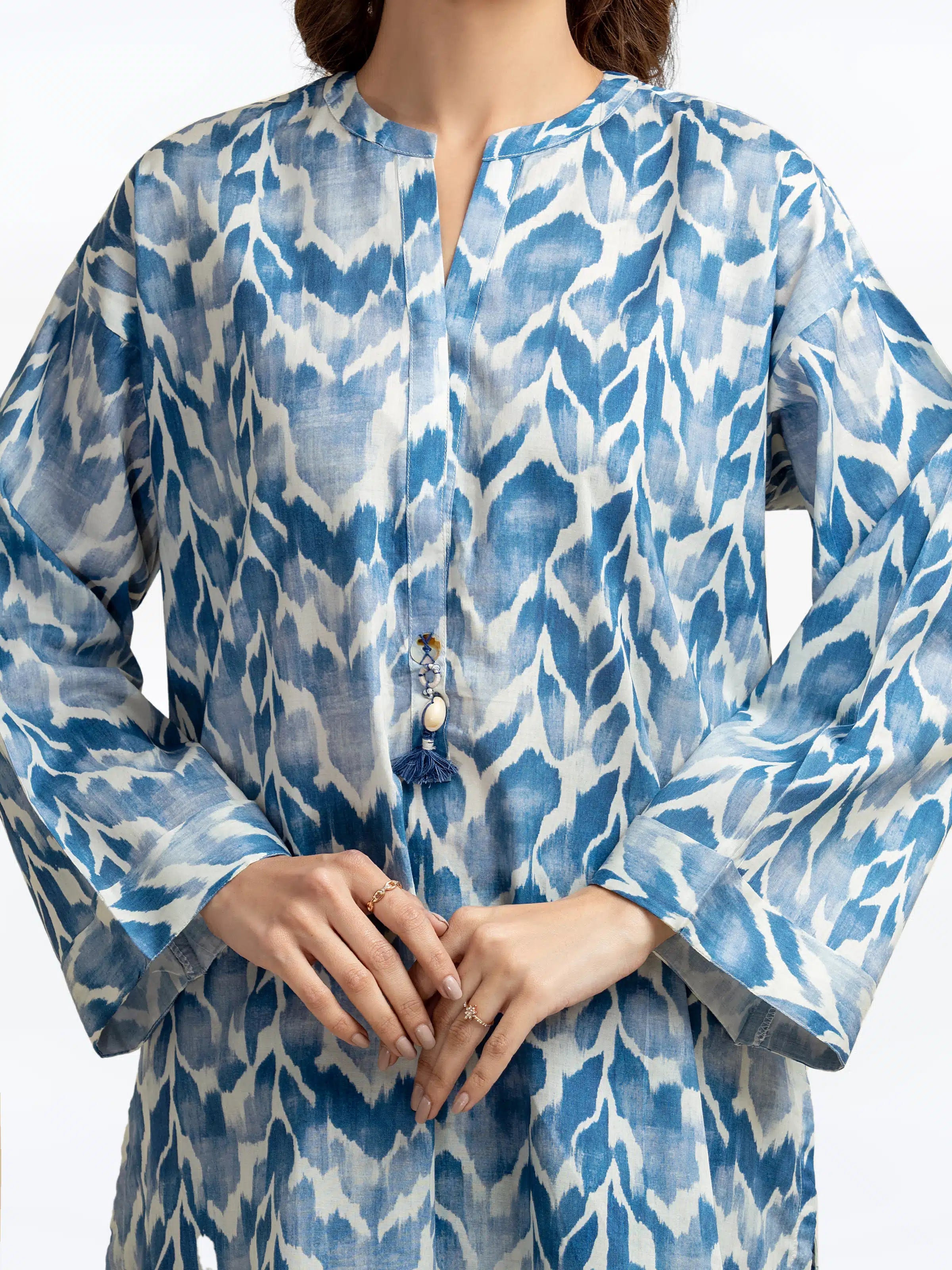 Edenrobe Pret 2Pc Printed Cambric Shirt Trouser in Blue Patterned Design