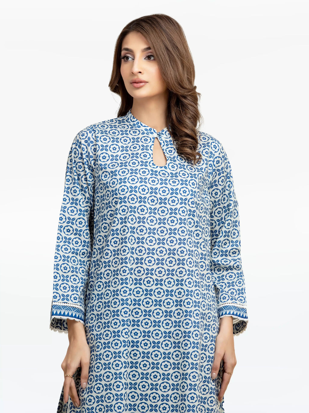 Edenrobe Pret 2Pc Printed Cambric Co-Ord Set in Blue & White