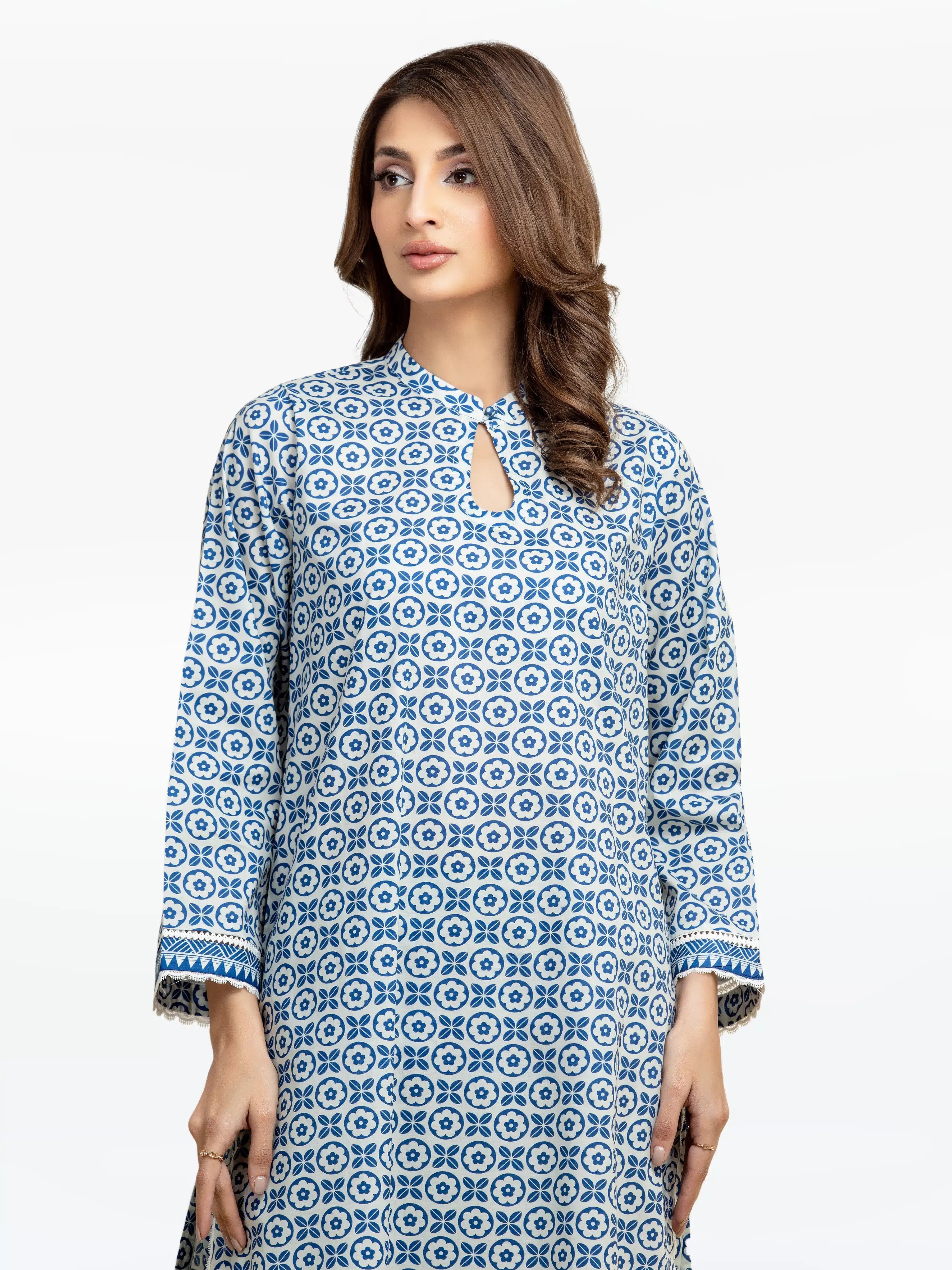 Edenrobe Pret 2Pc Printed Cambric Co-Ord Set in Blue & White