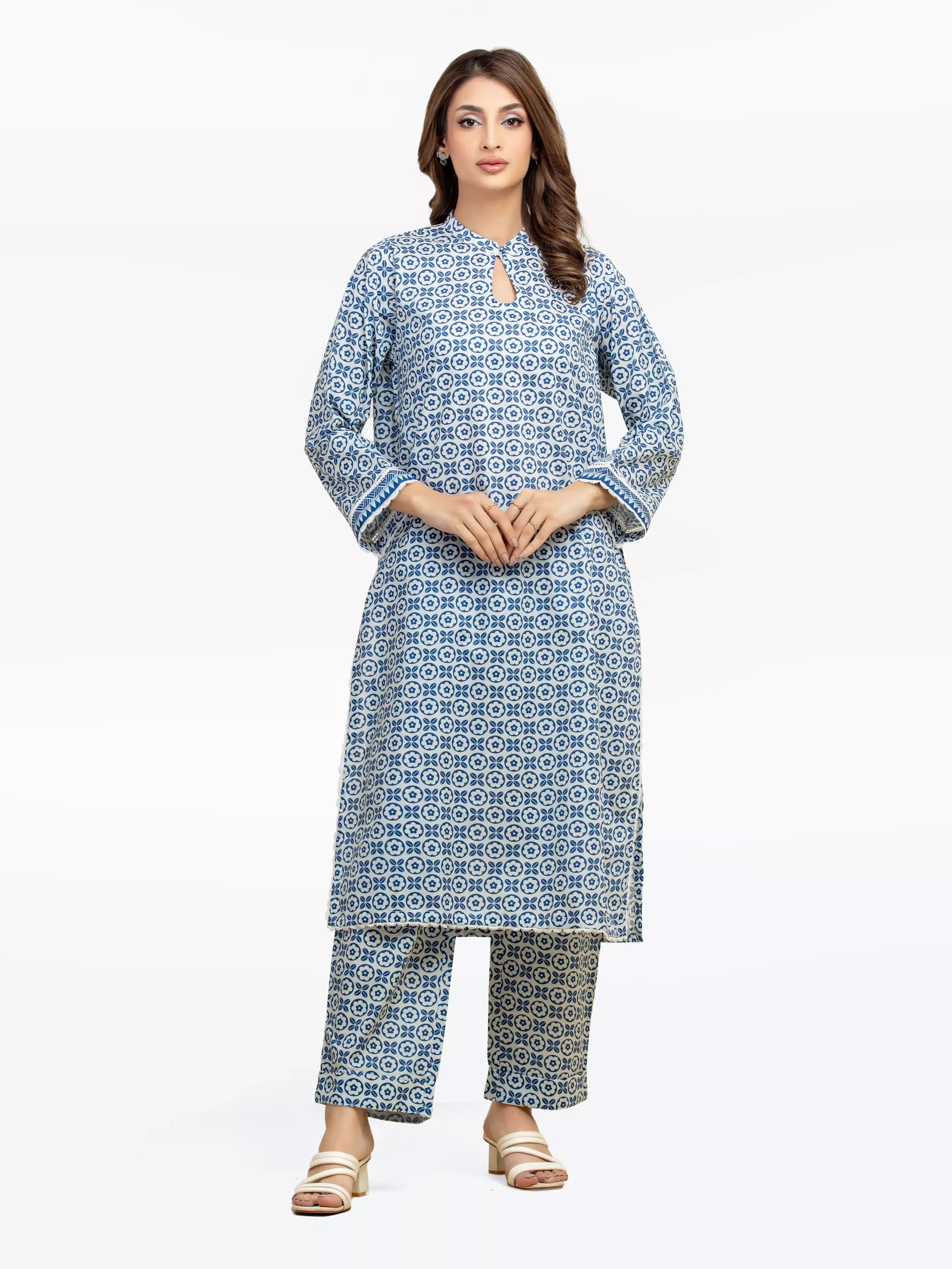 Edenrobe Pret 2Pc Printed Cambric Co-Ord Set in Blue & White