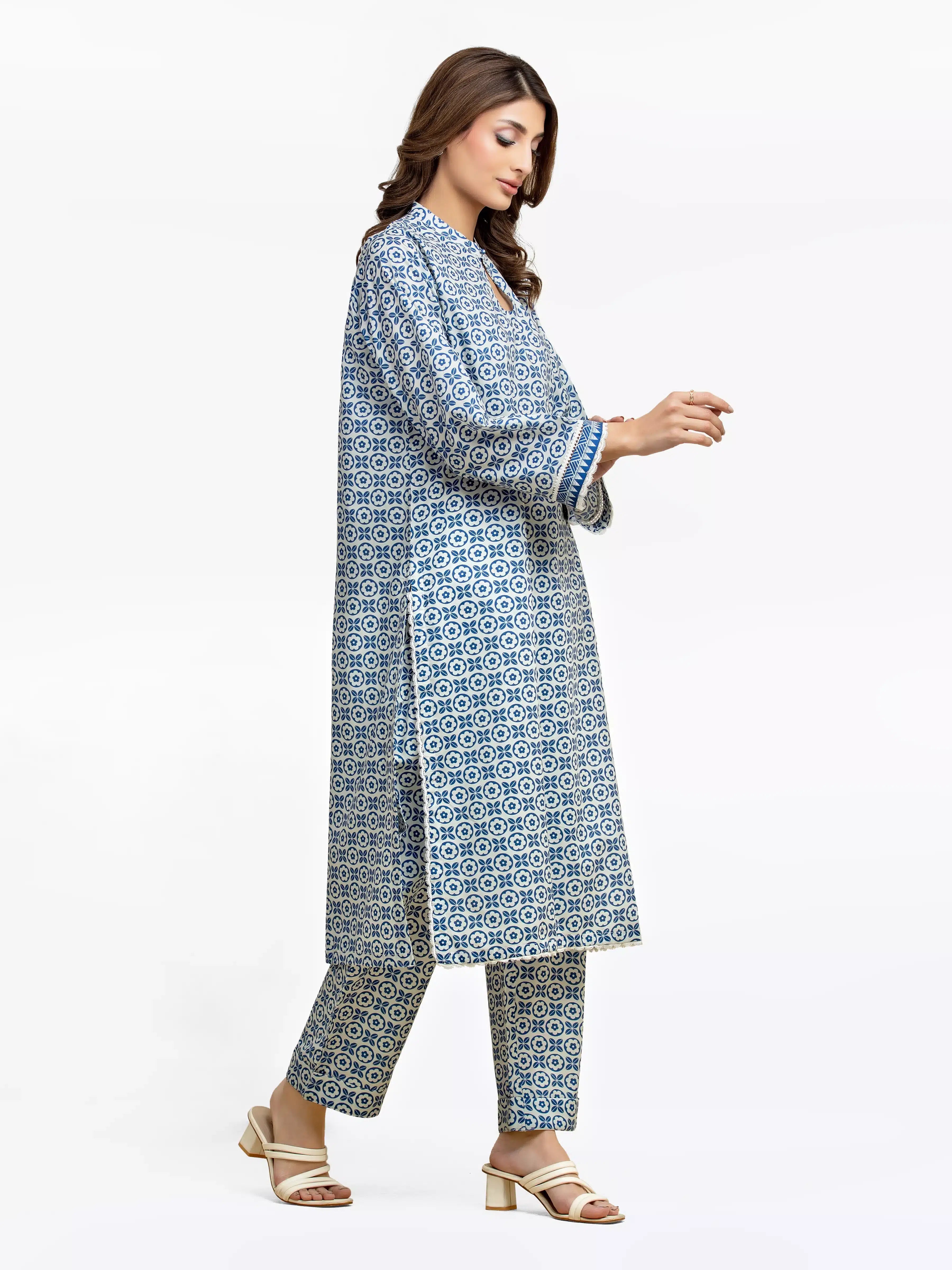 Edenrobe Pret 2Pc Printed Cambric Co-Ord Set in Blue & White