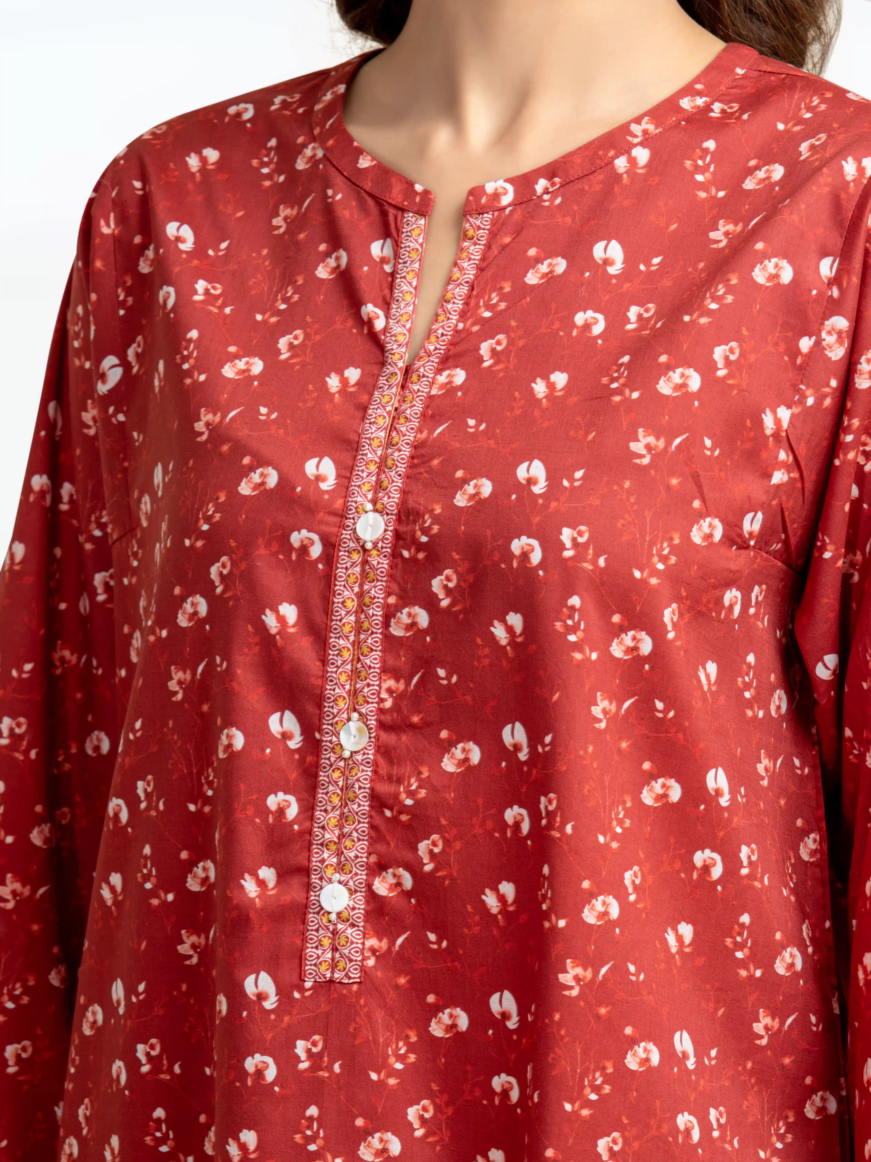 Edenrobe Pret 2Pc Printed Cambric Co-Ord Set in Rust with Floral Pattern