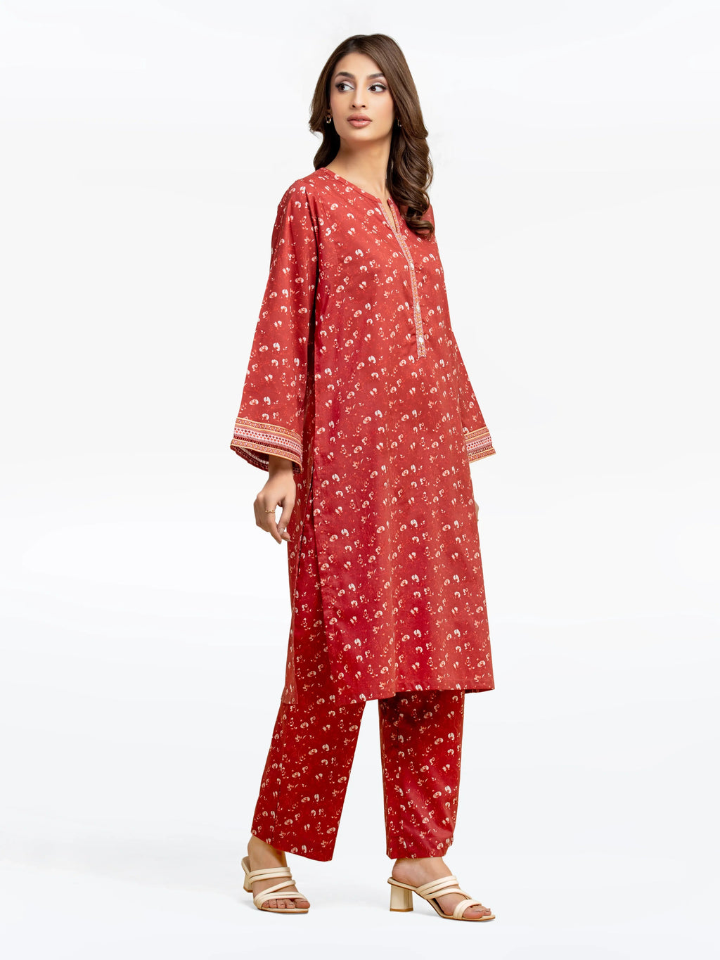 Edenrobe Pret 2Pc Printed Cambric Co-Ord Set in Rust with Floral Pattern