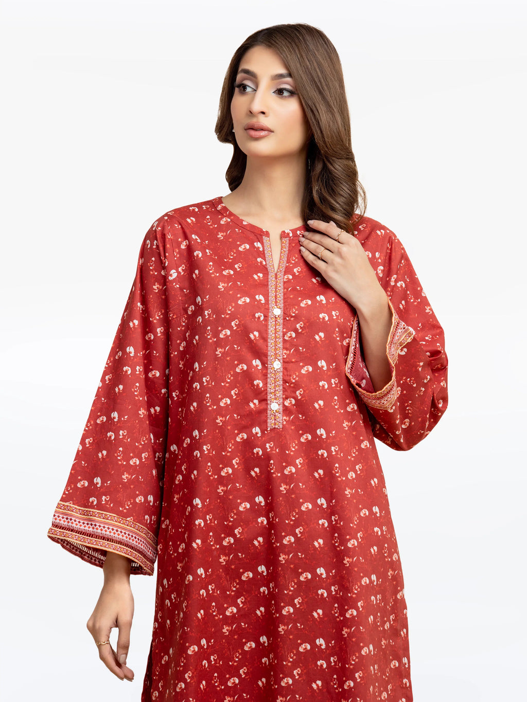 Edenrobe Pret 2Pc Printed Cambric Co-Ord Set in Rust with Floral Pattern