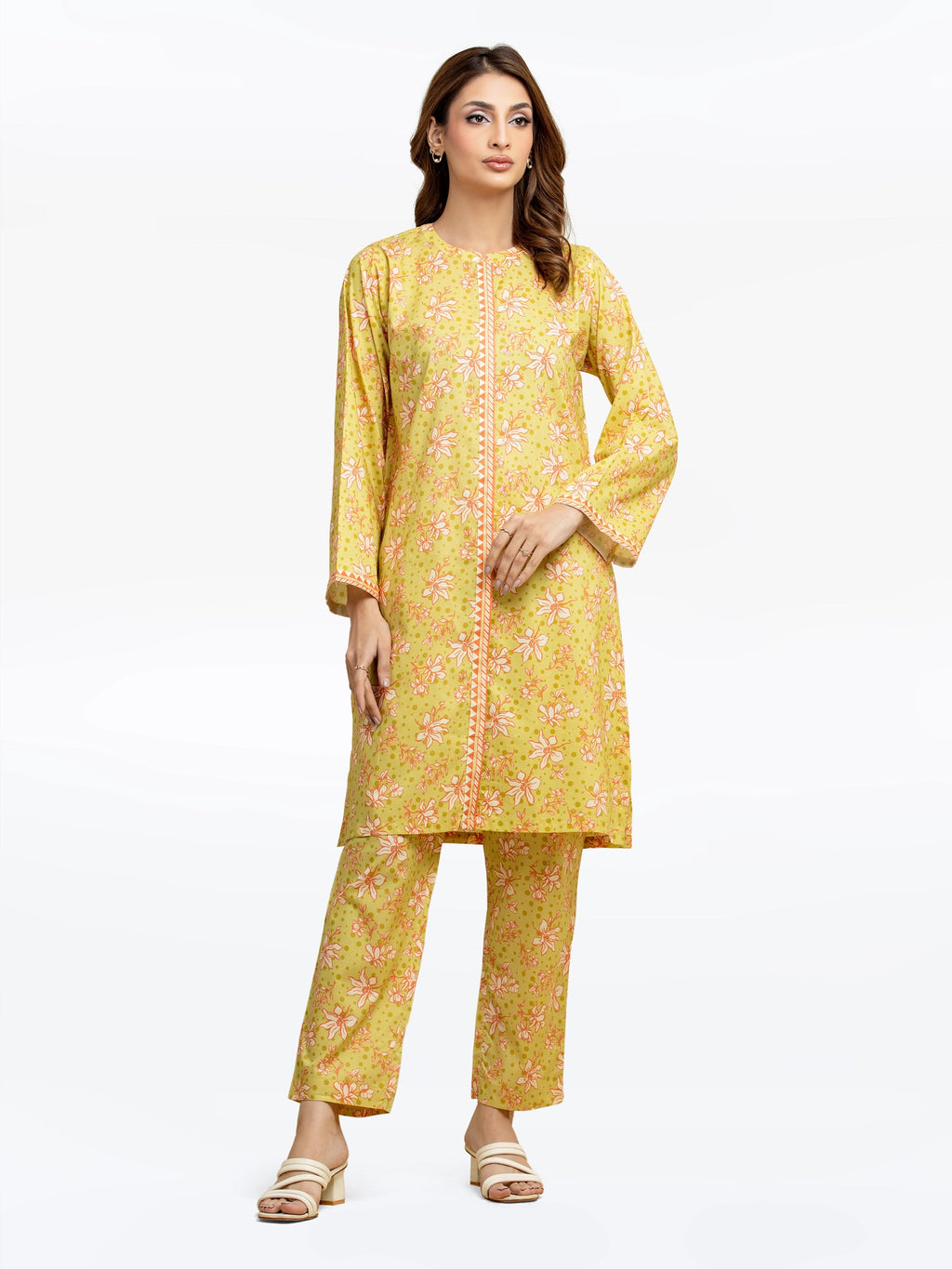 Edenrobe Pret 2Pc Printed Cambric Co-Ord Set in Yellow with Floral Design