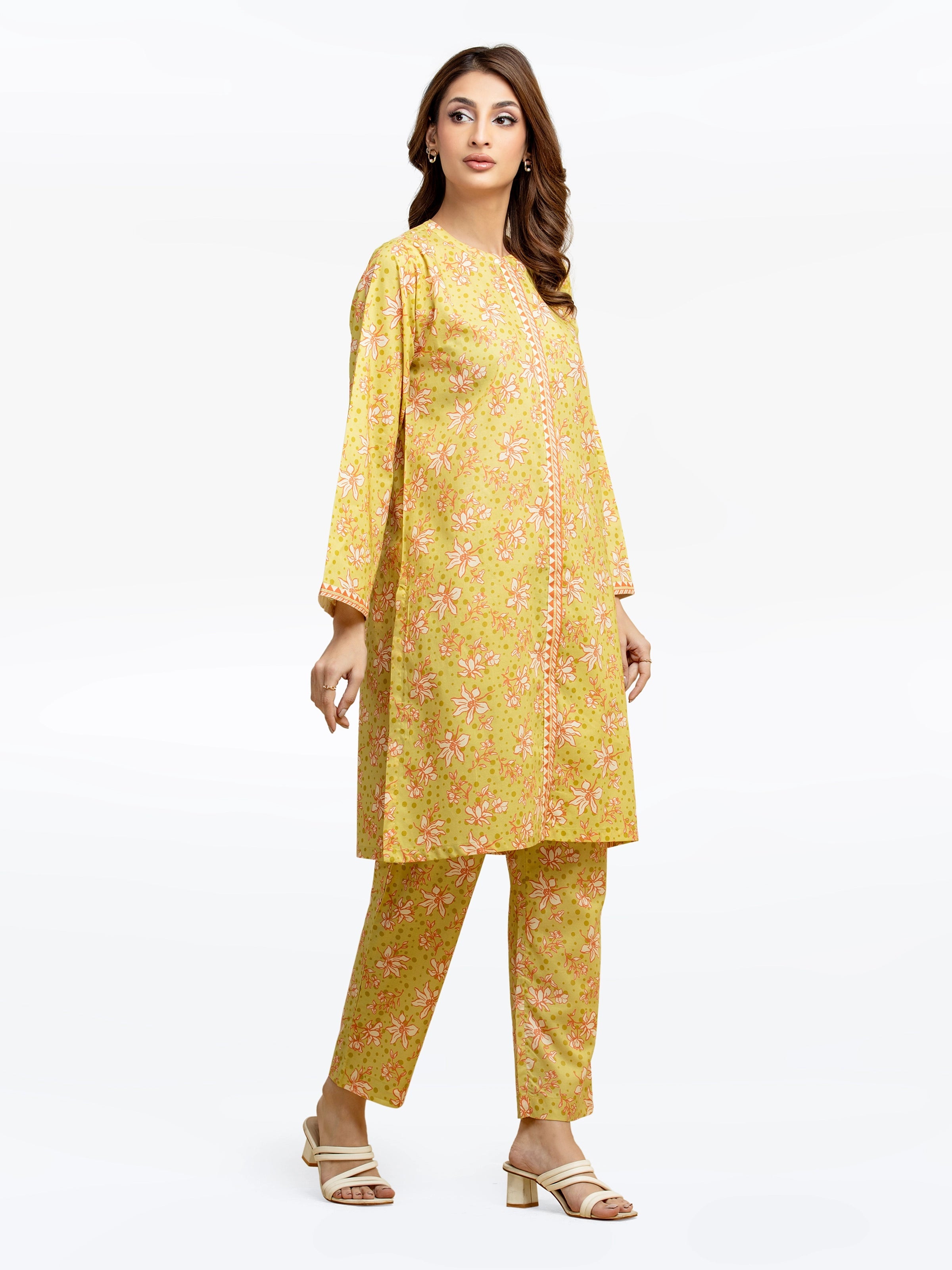 Edenrobe Pret 2Pc Printed Cambric Co-Ord Set in Yellow with Floral Design