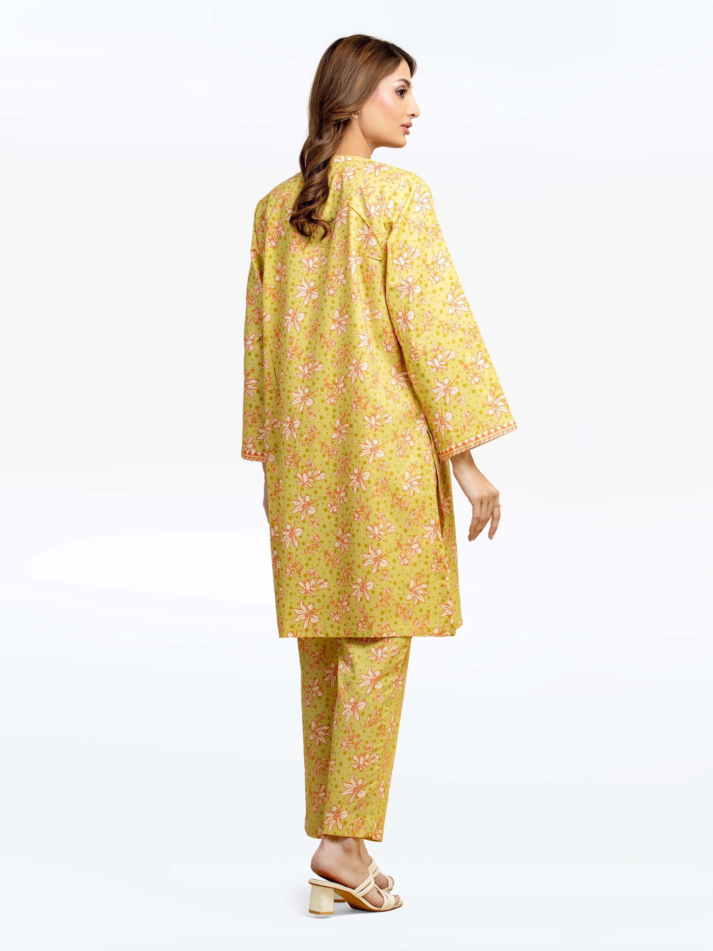 Edenrobe Pret 2Pc Printed Cambric Co-Ord Set in Yellow with Floral Design