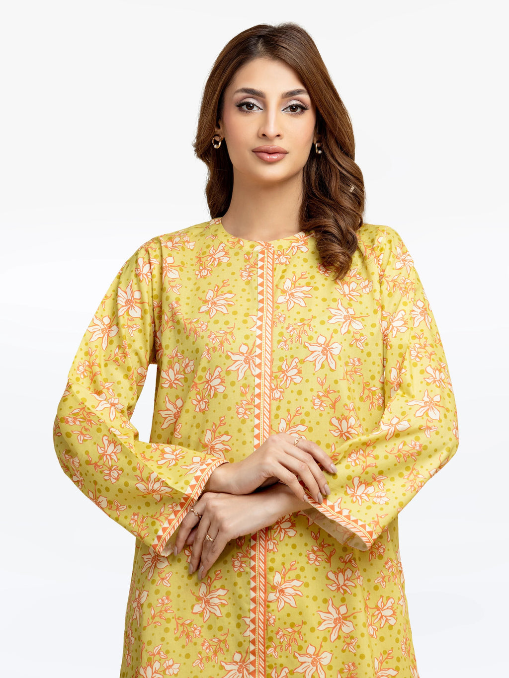 Edenrobe Pret 2Pc Printed Cambric Co-Ord Set in Yellow with Floral Design